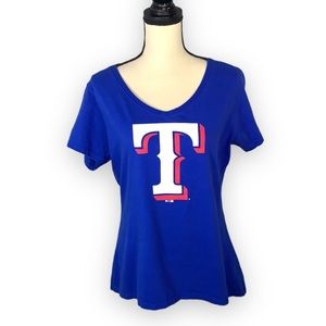 Fanatics Blue V Neck Short Sleeve Texas Rangers Baseball Shirt size Large